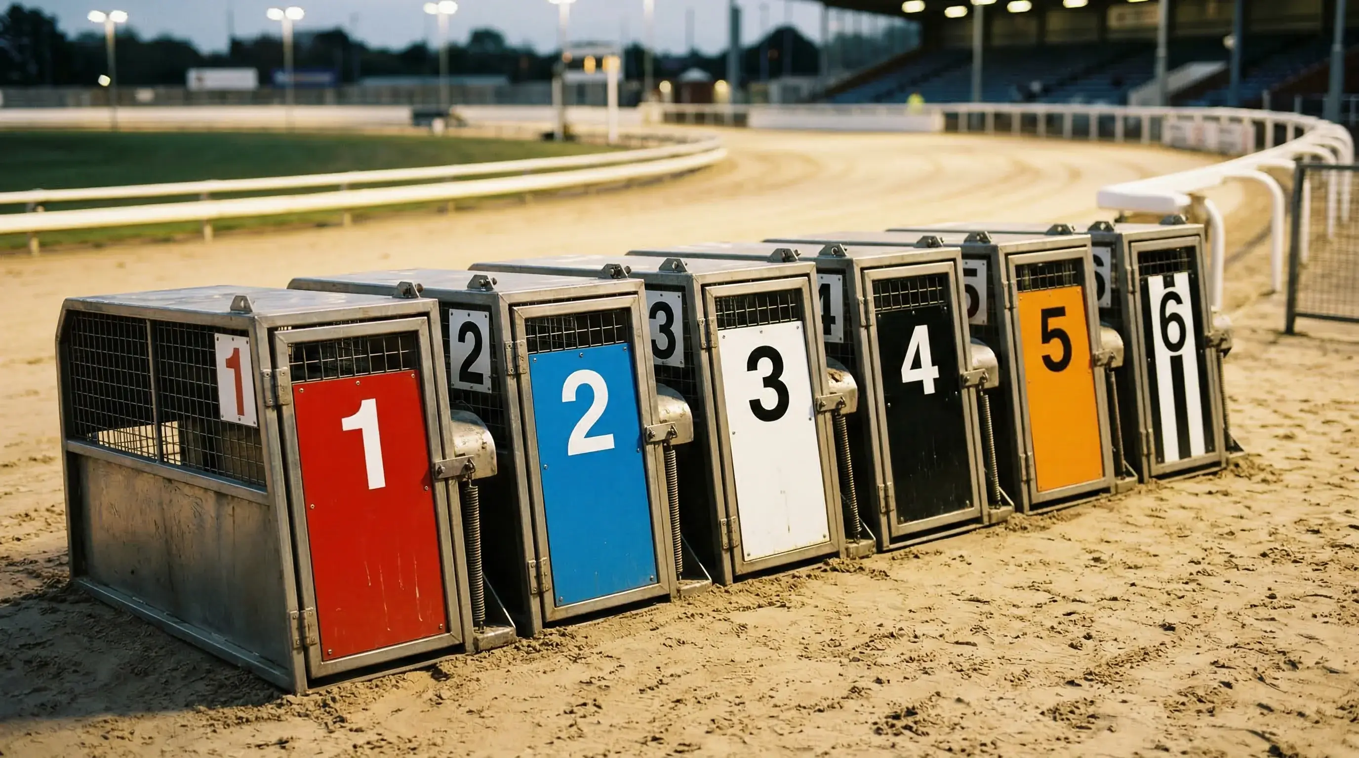 Six greyhound starting traps with coloured jackets at a UK racing track