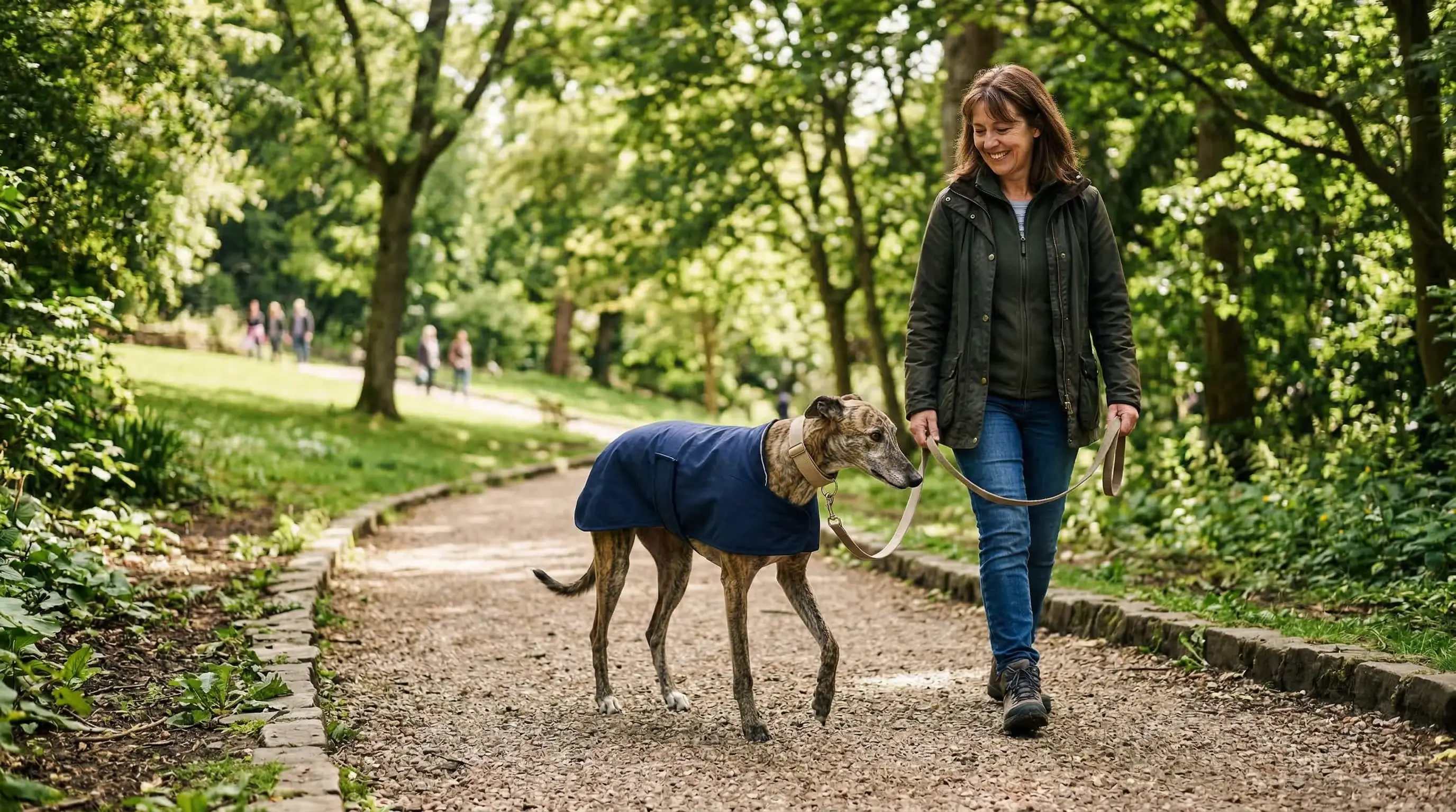 Retired greyhound being walked by an adoptive owner in a park setting
