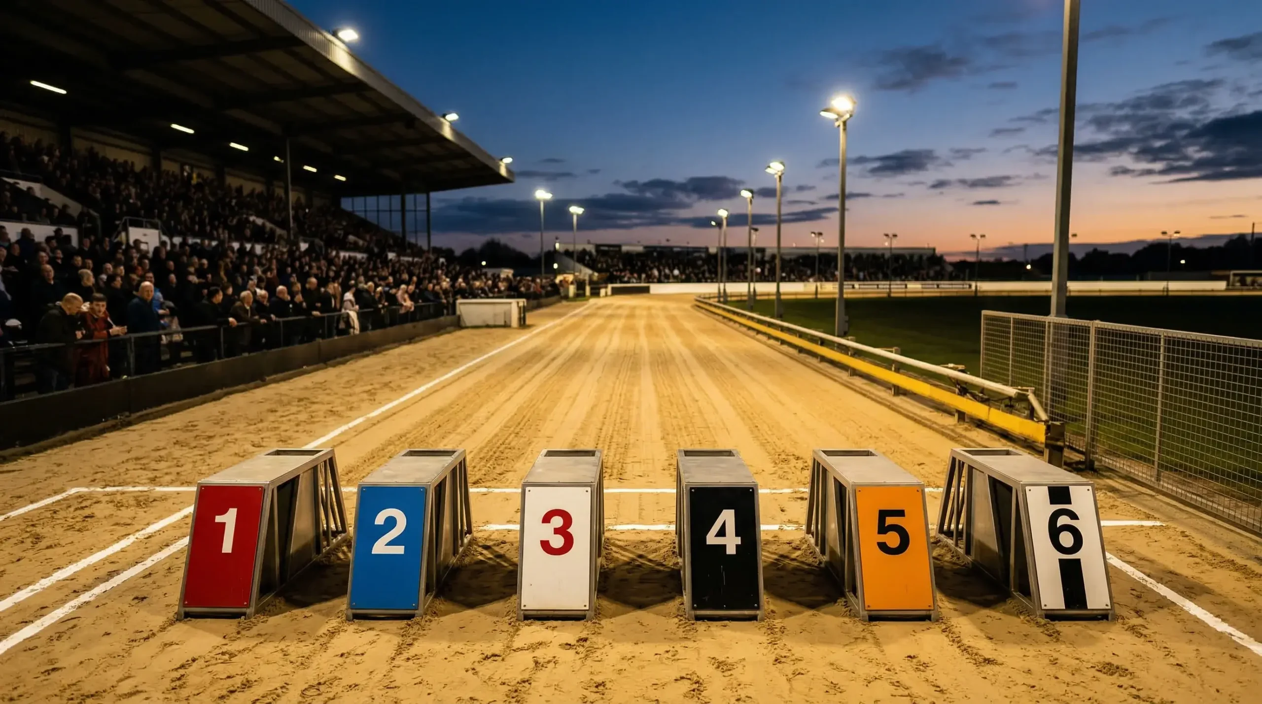 Monmore Green greyhound stadium under floodlights on race night in Wolverhampton