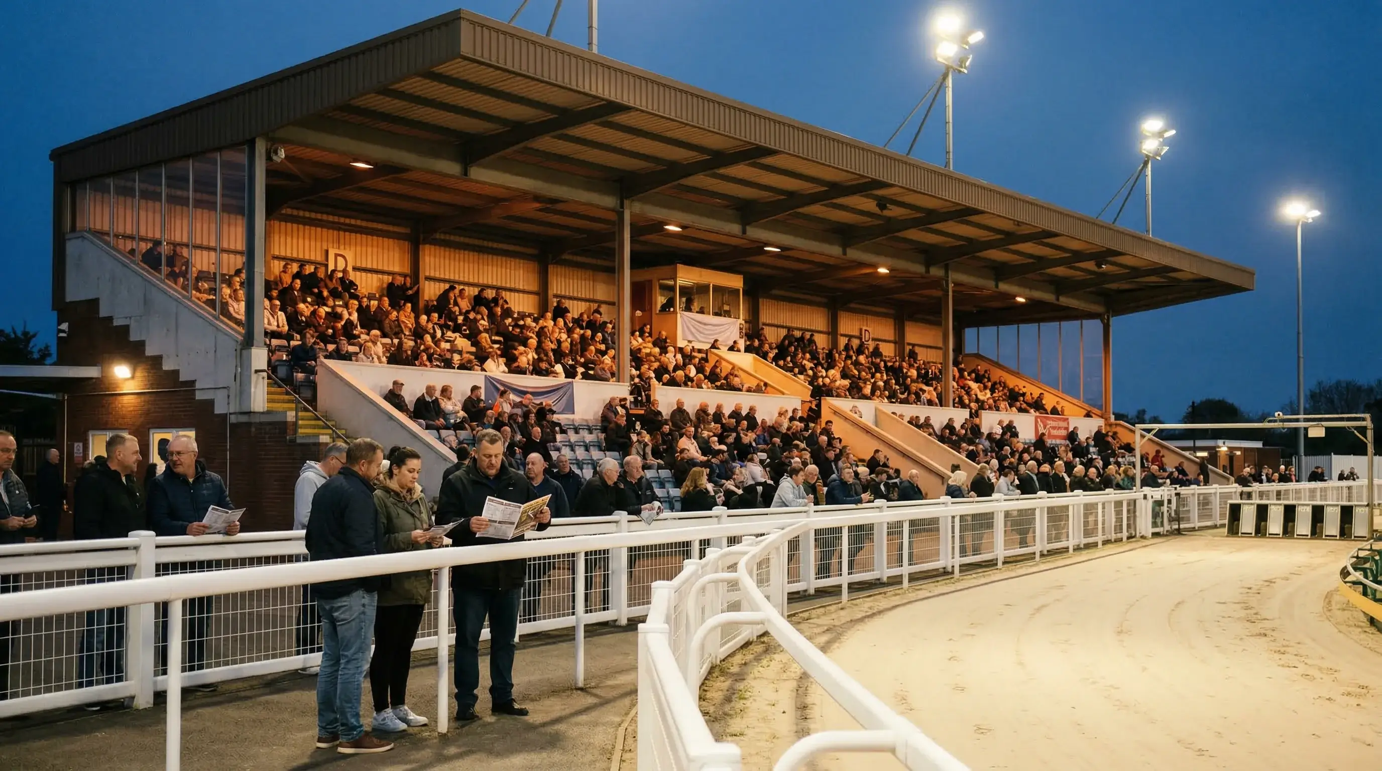 Monmore Green greyhound stadium grandstand with spectators on an evening meeting