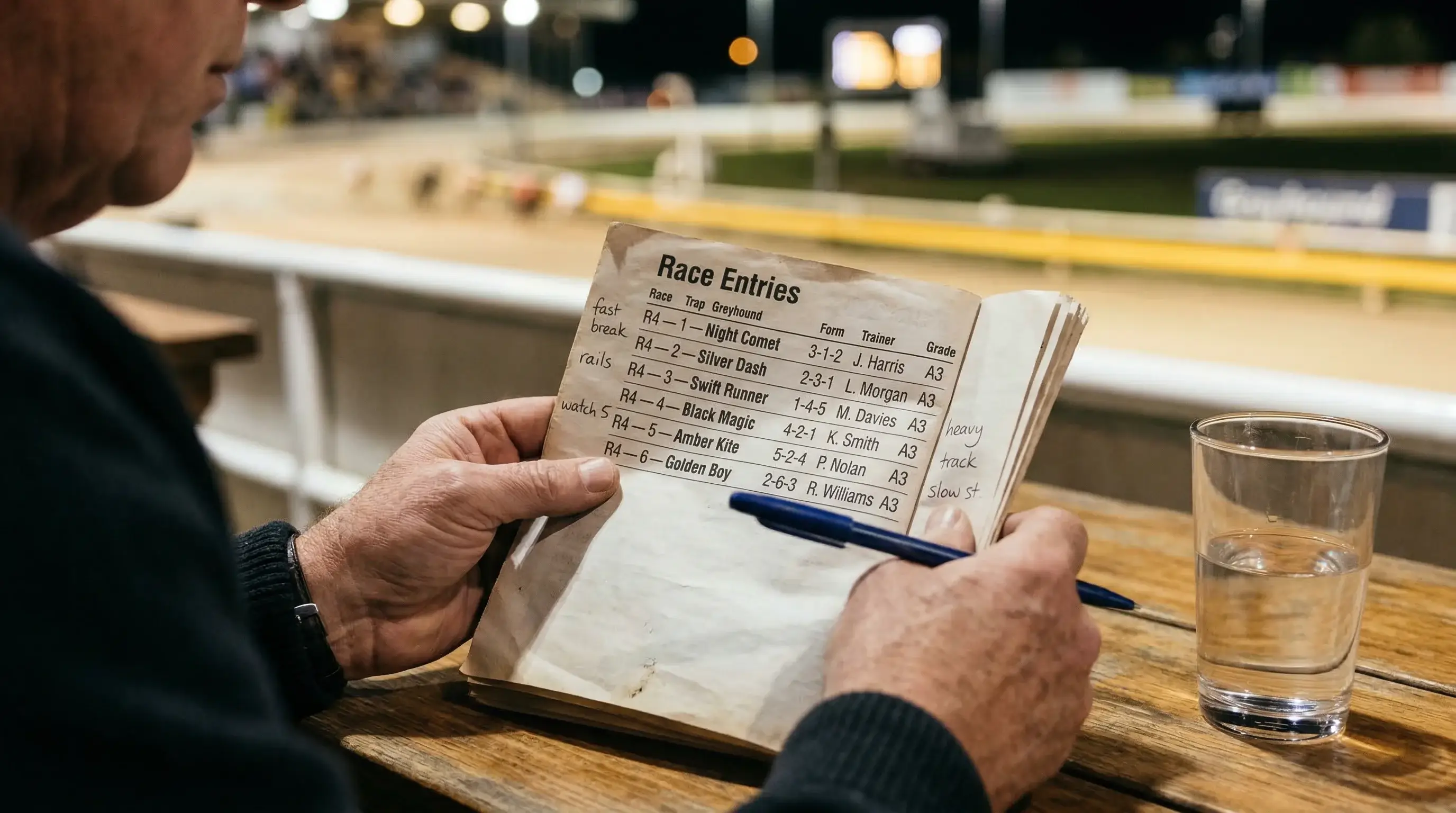 Punter studying a Monmore Green greyhound racecard showing grading and form data
