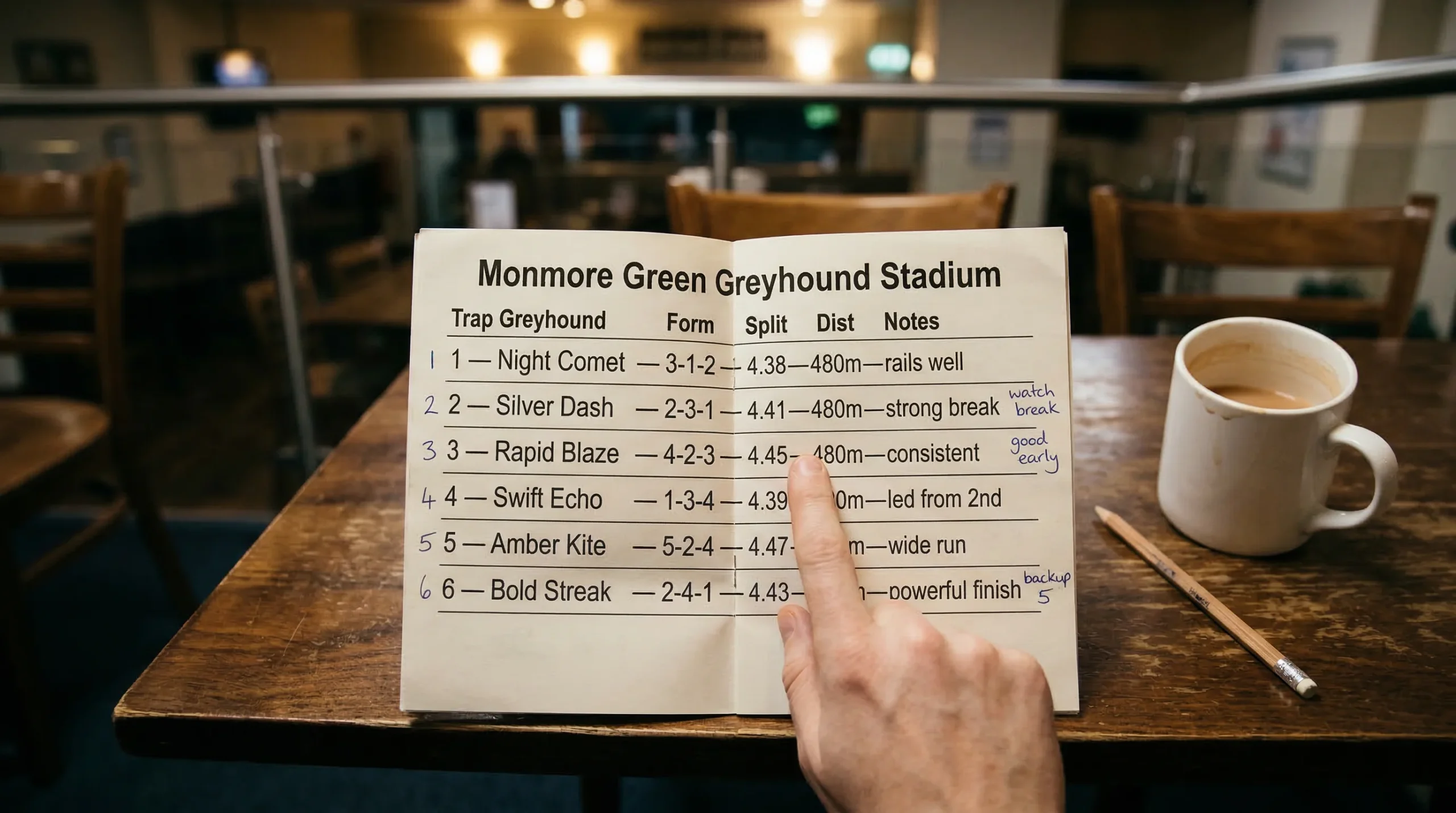 How to read a Monmore Green greyhound racecard with form figures and trap data explained